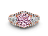 Rose gold Three-Stone Fancy Pink Round Cut Diamond Engagement Ring with Pave Band and Prong Setting