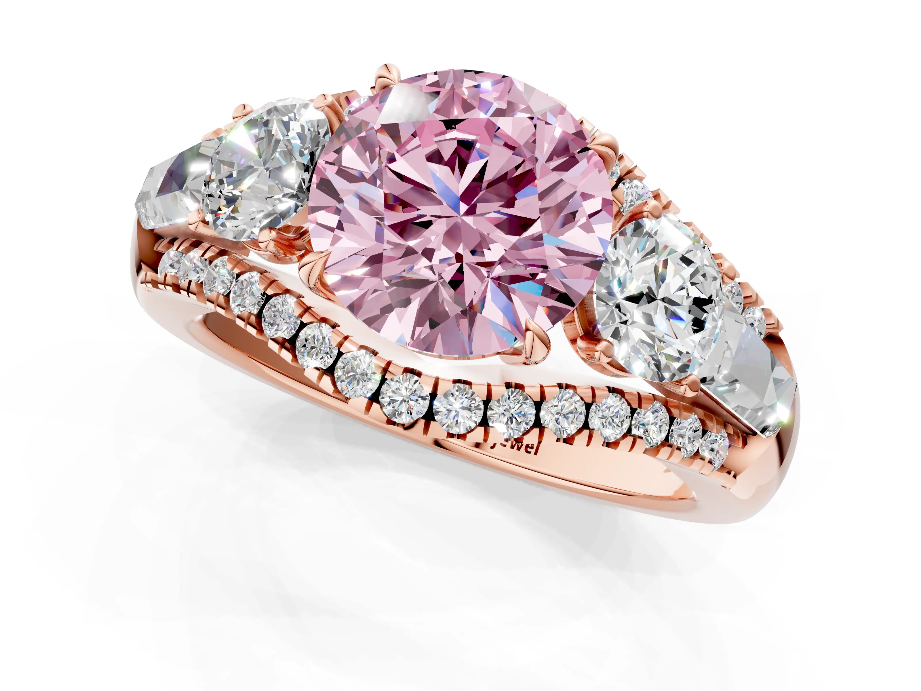 Rose gold Three-Stone Fancy Pink Round Cut Diamond Engagement Ring with Pave Band and Prong Setting_1