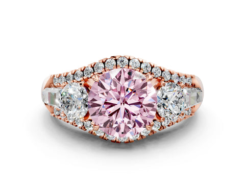 Rose gold Three-Stone Fancy Pink Round Cut Diamond Engagement Ring with Pave Band and Prong Setting