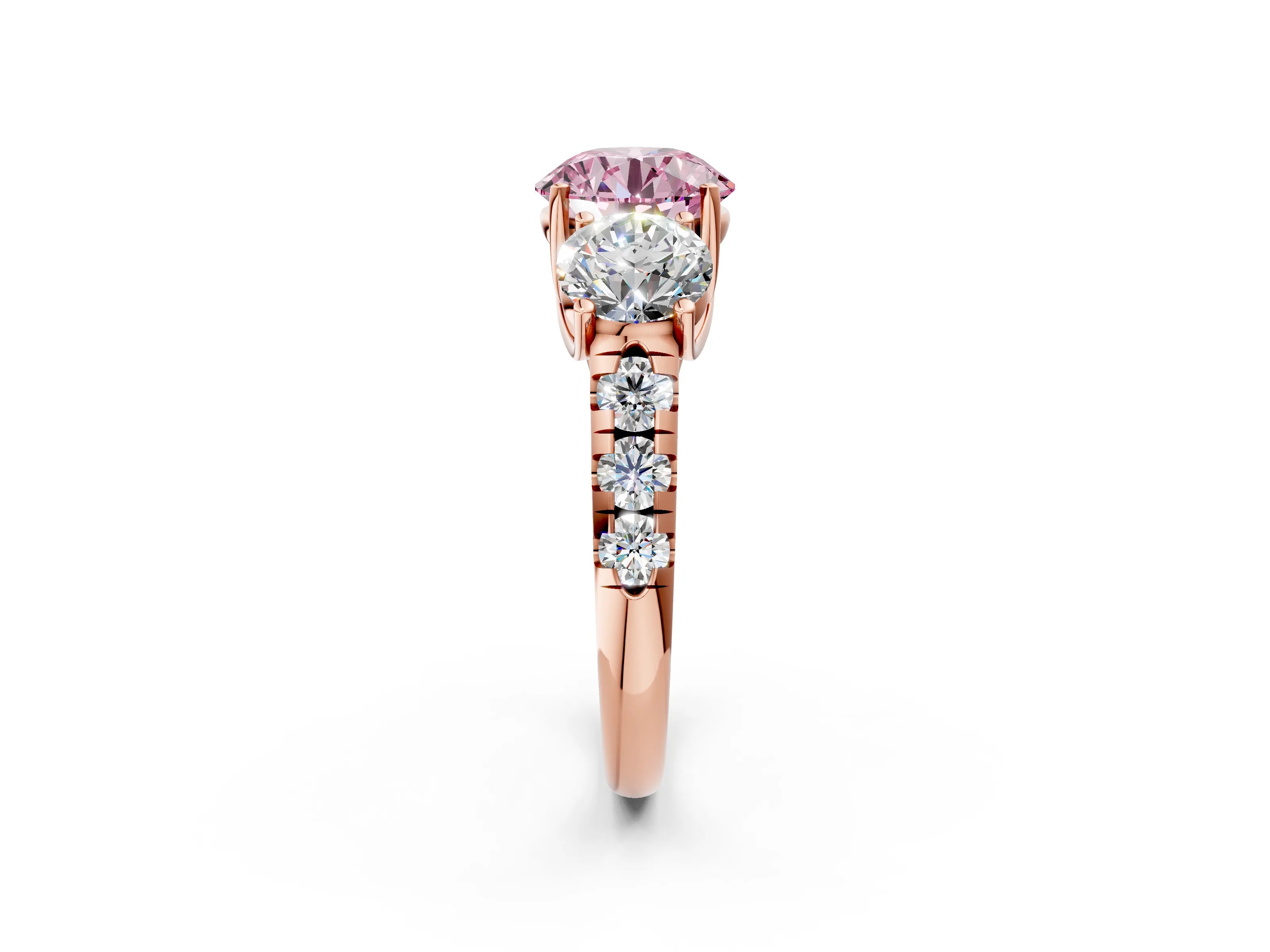 Rose gold Three-Stone Fancy Pink Round Cut Diamond Pavé Band with Prong Setting_2