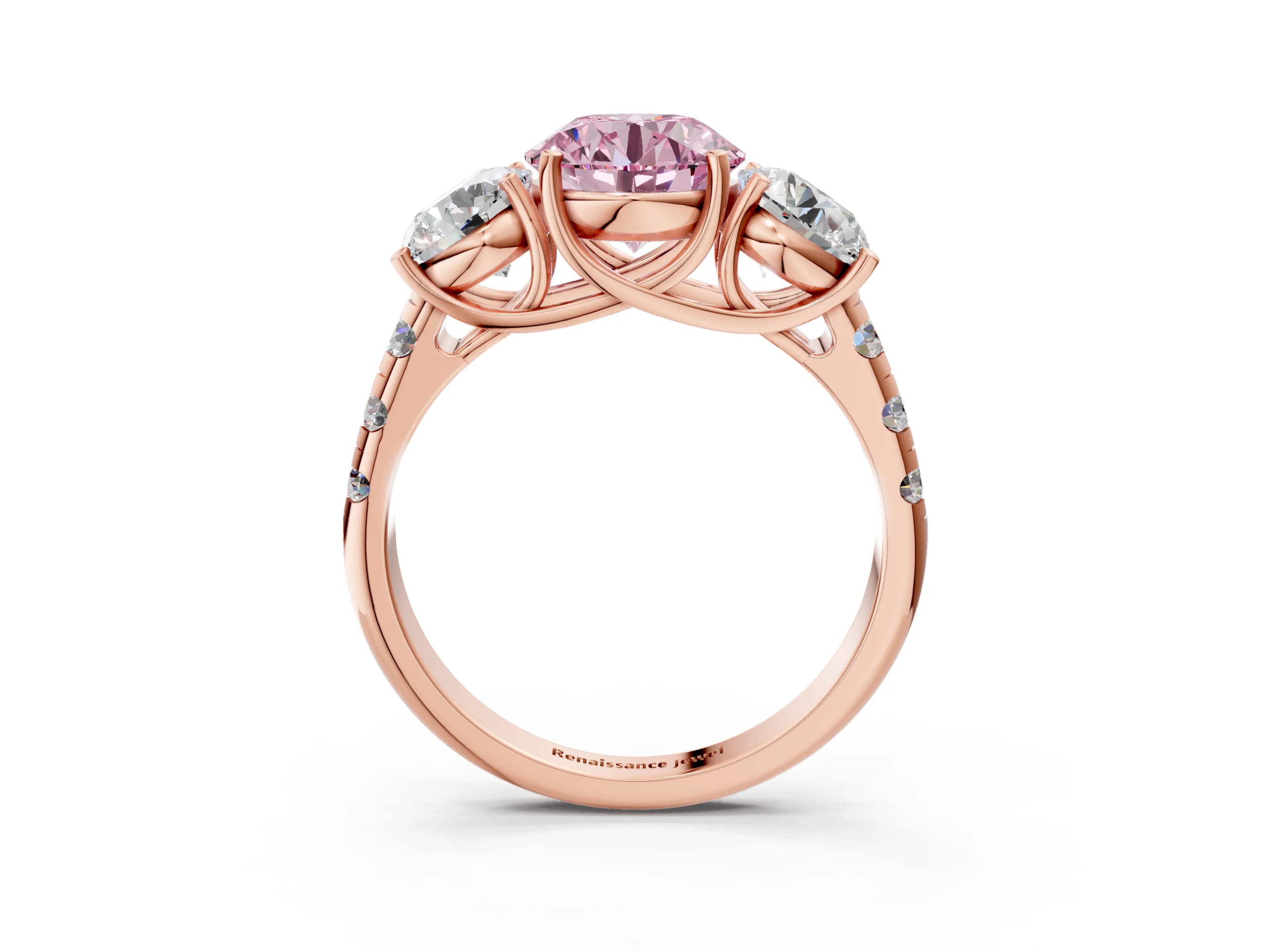 Rose gold Three-Stone Fancy Pink Round Cut Diamond Pavé Band with Prong Setting_3
