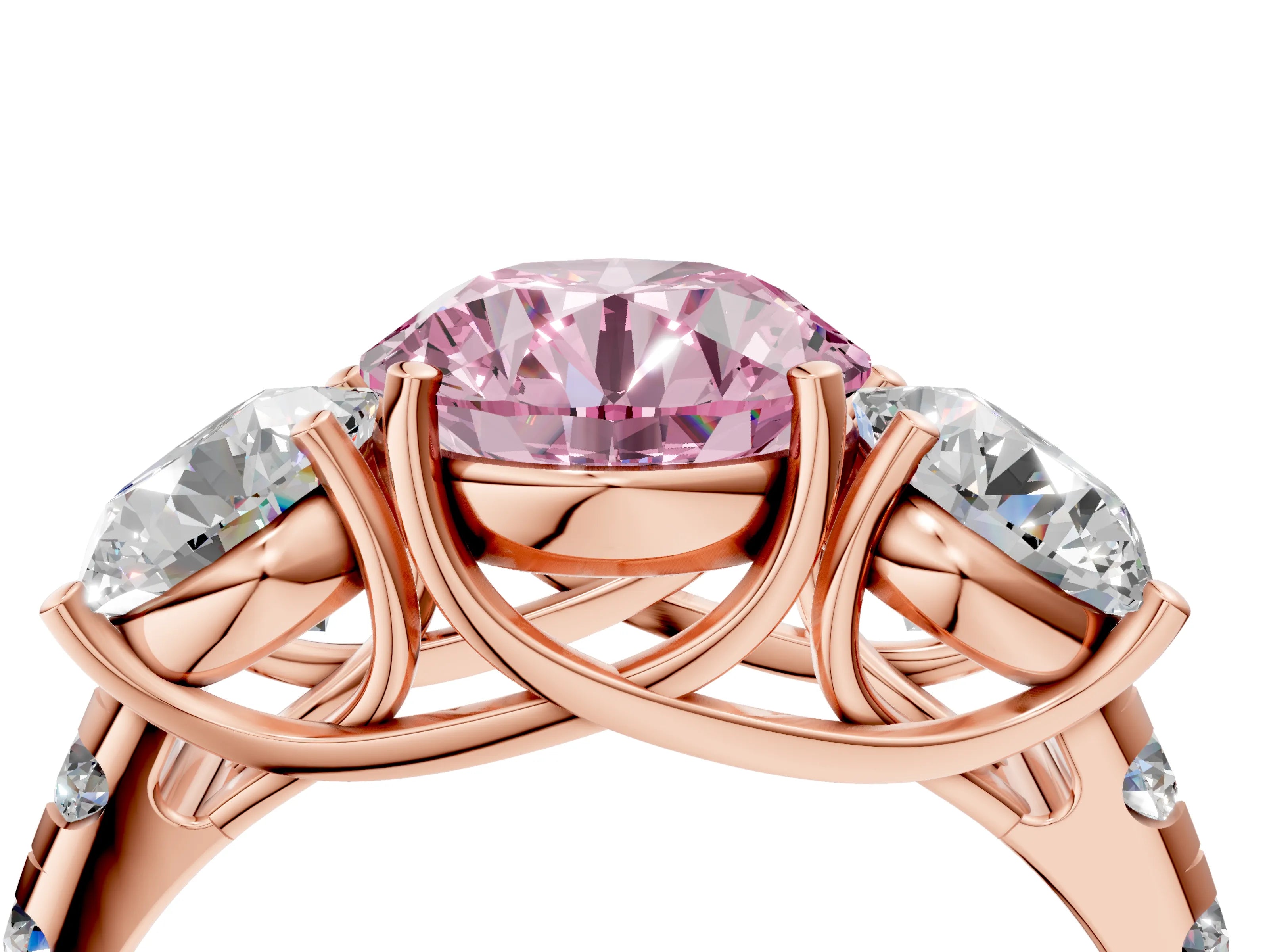 Rose gold Three-Stone Fancy Pink Round Cut Diamond Pavé Band with Prong Setting_4