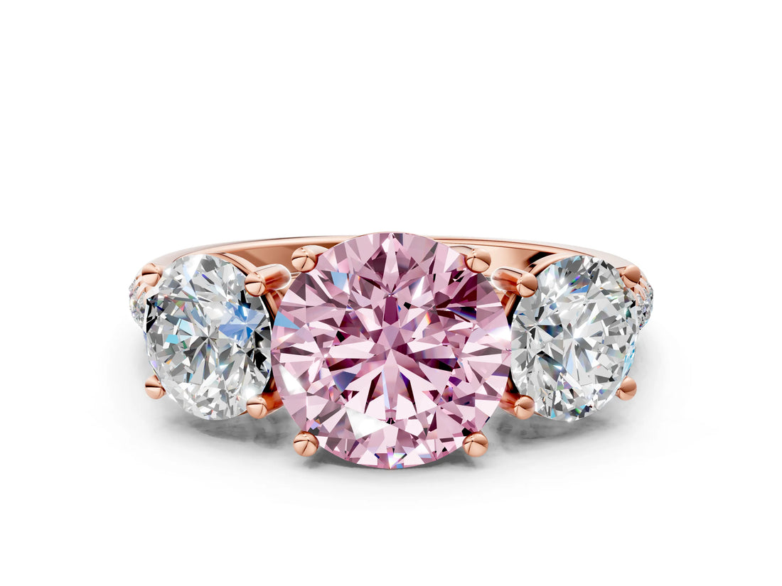 Rose gold Three-Stone Fancy Pink Round Cut Diamond Ring with Pavé Band and Prong Setting_46