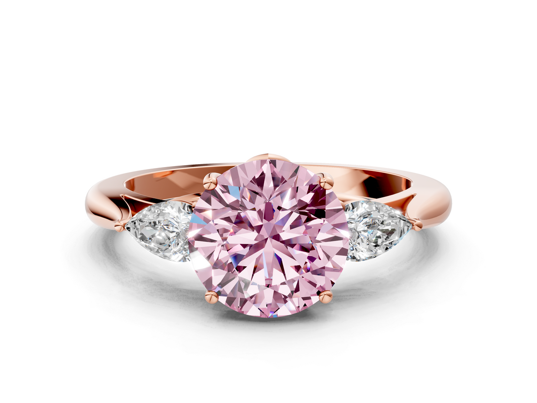 Rose gold Three-Stone Fancy Pink Round  Cut Diamond Ring with Pear Side Stones in Four-Prong Setting