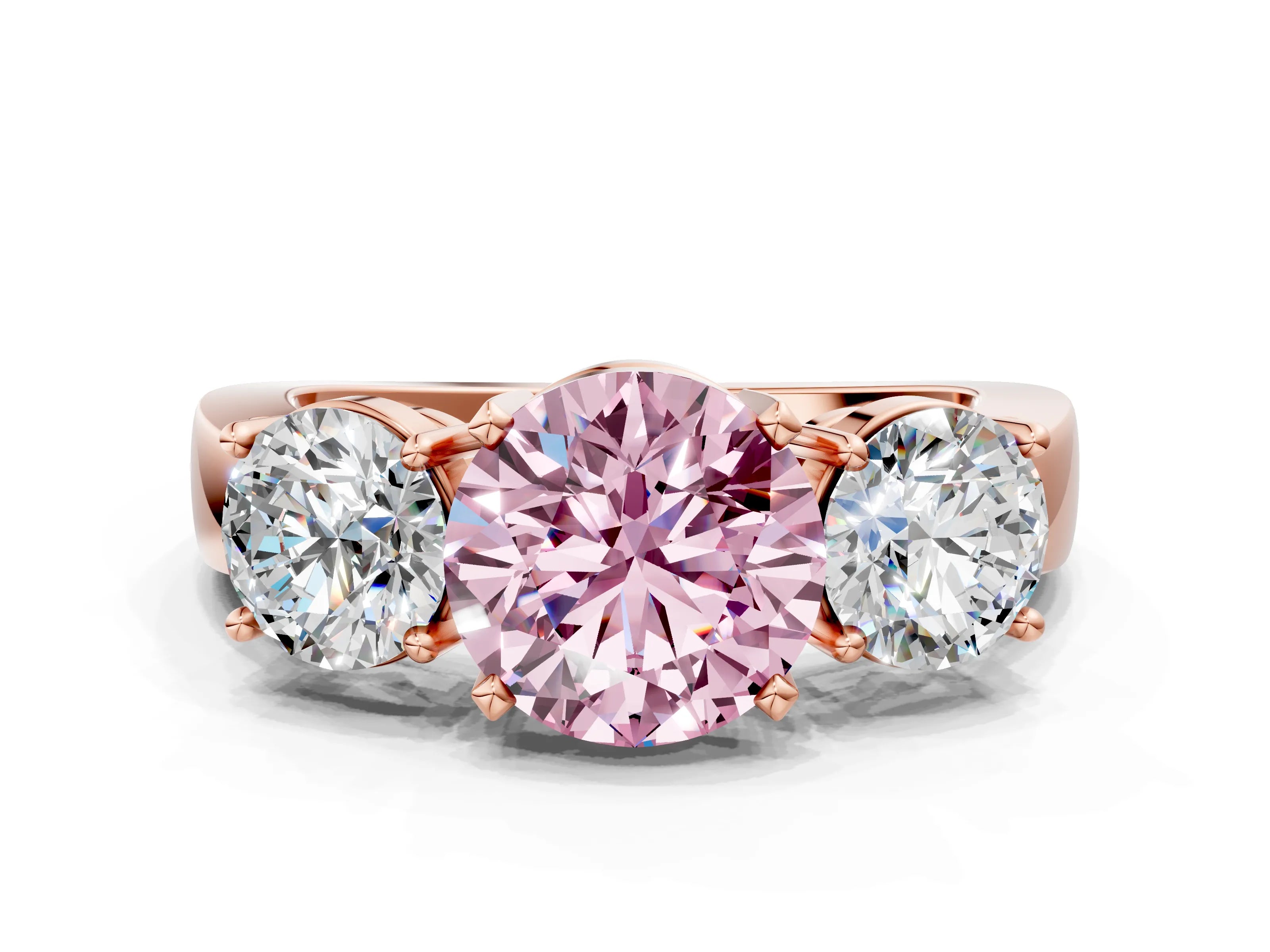 Rose gold Three-Stone Fancy Pink Round Cut Diamond Ring with Round Side Stones, Classic Band, and Four-Prong Setting