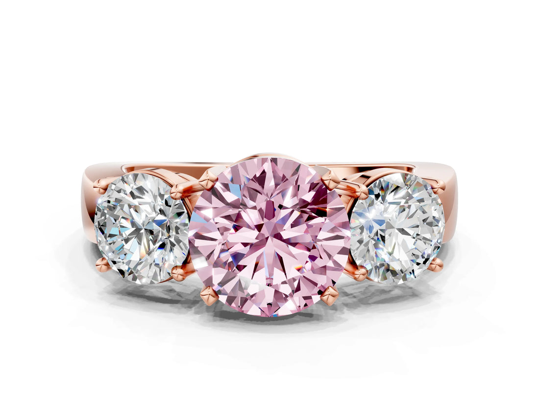 Rose gold Three-Stone Fancy Pink Round Cut Diamond Ring with Round Side Stones, Classic Band, and Four-Prong Setting