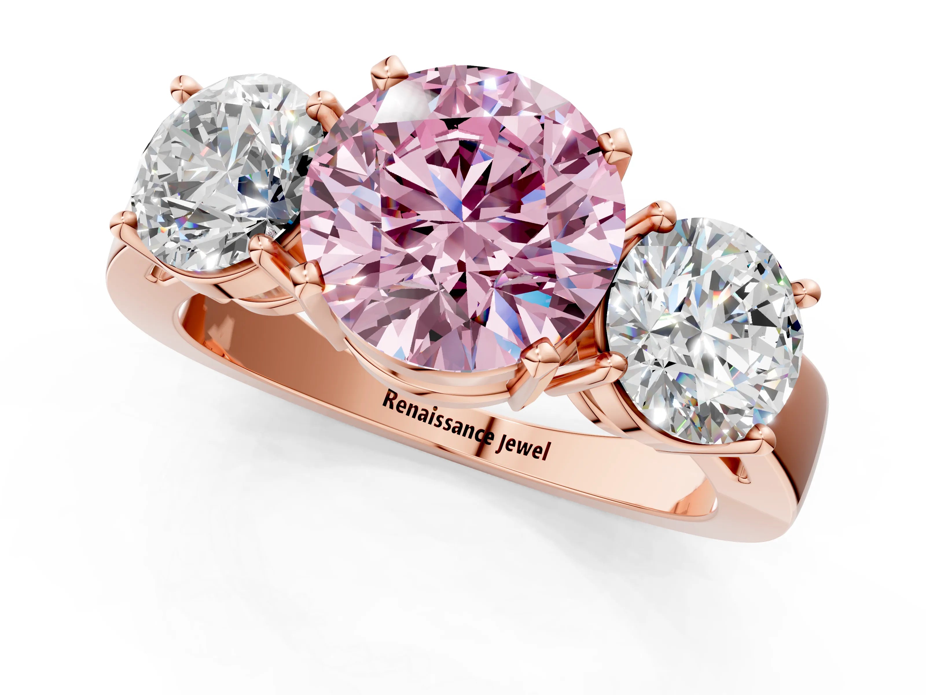 Rose gold Three-Stone Fancy Pink Round Cut Diamond Ring with Round Side Stones, Classic Band, and Four-Prong Setting_1