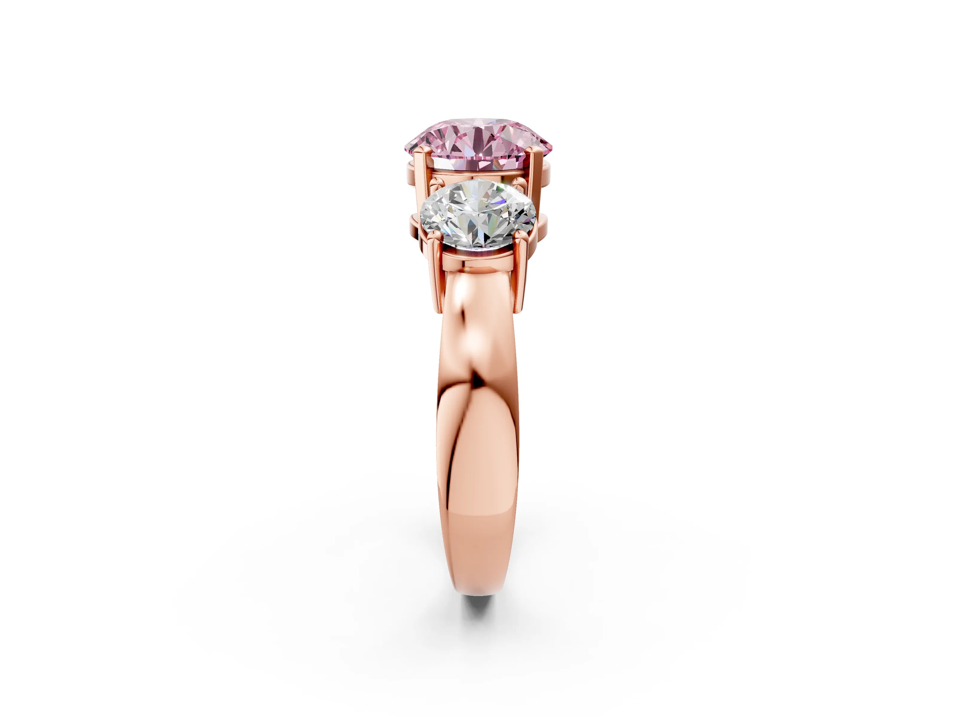 Rose gold Three-Stone Fancy Pink Round Cut Diamond Ring with Round Side Stones, Classic Band, and Four-Prong Setting_2