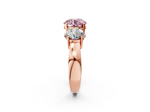 Rose gold Three-Stone Fancy Pink Round Cut Diamond Ring with Round Side Stones, Classic Band, and Four-Prong Setting_2