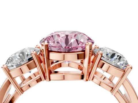 Rose gold Three-Stone Fancy Pink Round Cut Diamond Ring with Round Side Stones, Classic Band, and Four-Prong Setting_4