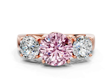 Rose gold Three-Stone Fancy Pink Round Cut Diamond Ring with Round Side Stones, Classic Band, and Four-Prong Setting