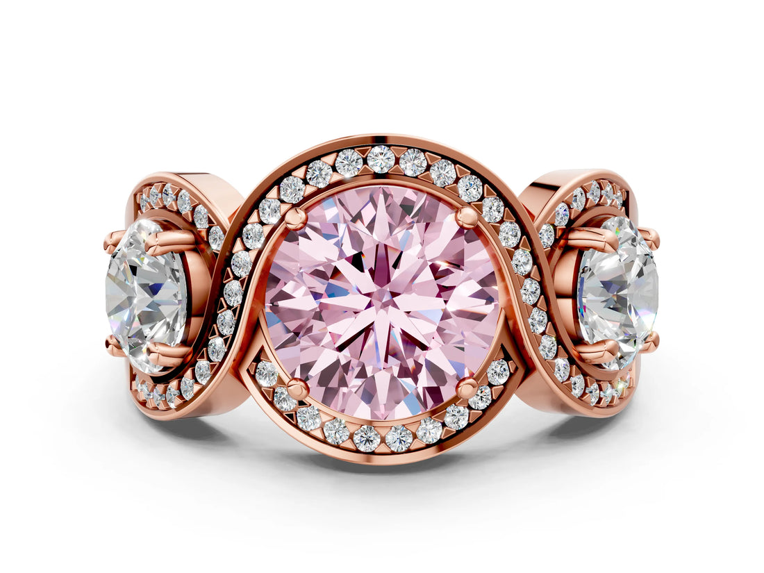 Rose gold Three-Stone Fancy Pink Round Cut Diamond Wave Pave Band with Prong Setting
