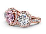 Rose gold Three-Stone Fancy Pink Round Cut Halo Diamond Milgrain Band with Four-Prong Setting