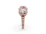 Rose gold Three-Stone Fancy Pink Round Cut Halo Diamond Milgrain Band with Four-Prong Setting_2