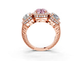 Rose gold Three-Stone Fancy Pink Round Cut Halo Diamond Milgrain Band with Four-Prong Setting_3