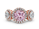 Rose gold Three-Stone Fancy Pink Round Cut Halo Diamond Ring with Pave Band and Four-Prong Setting