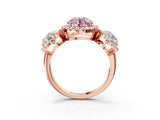 Rose gold Three-Stone Fancy Pink Round Cut Halo Diamond Ring with Pave Band and Four-Prong Setting_3