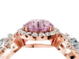 Rose gold Three-Stone Fancy Pink Round Cut Halo Diamond Ring with Pave Band and Four-Prong Setting_4