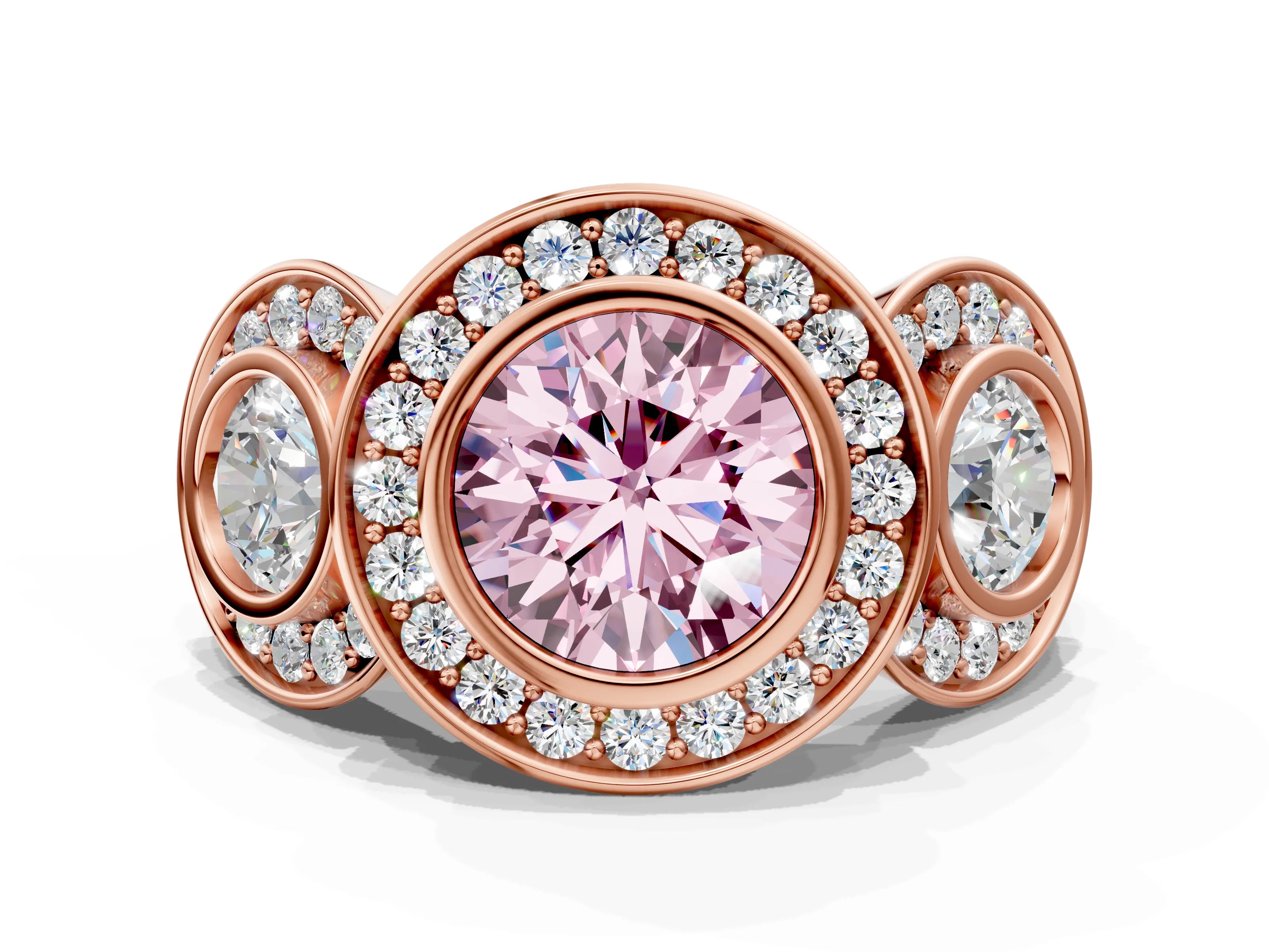 Rose gold Three-Stone Fancy Pink Round Cut Halo Pavé Diamond Ring