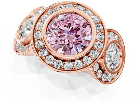 Rose gold Three-Stone Fancy Pink Round Cut Halo Pavé Diamond Ring_1