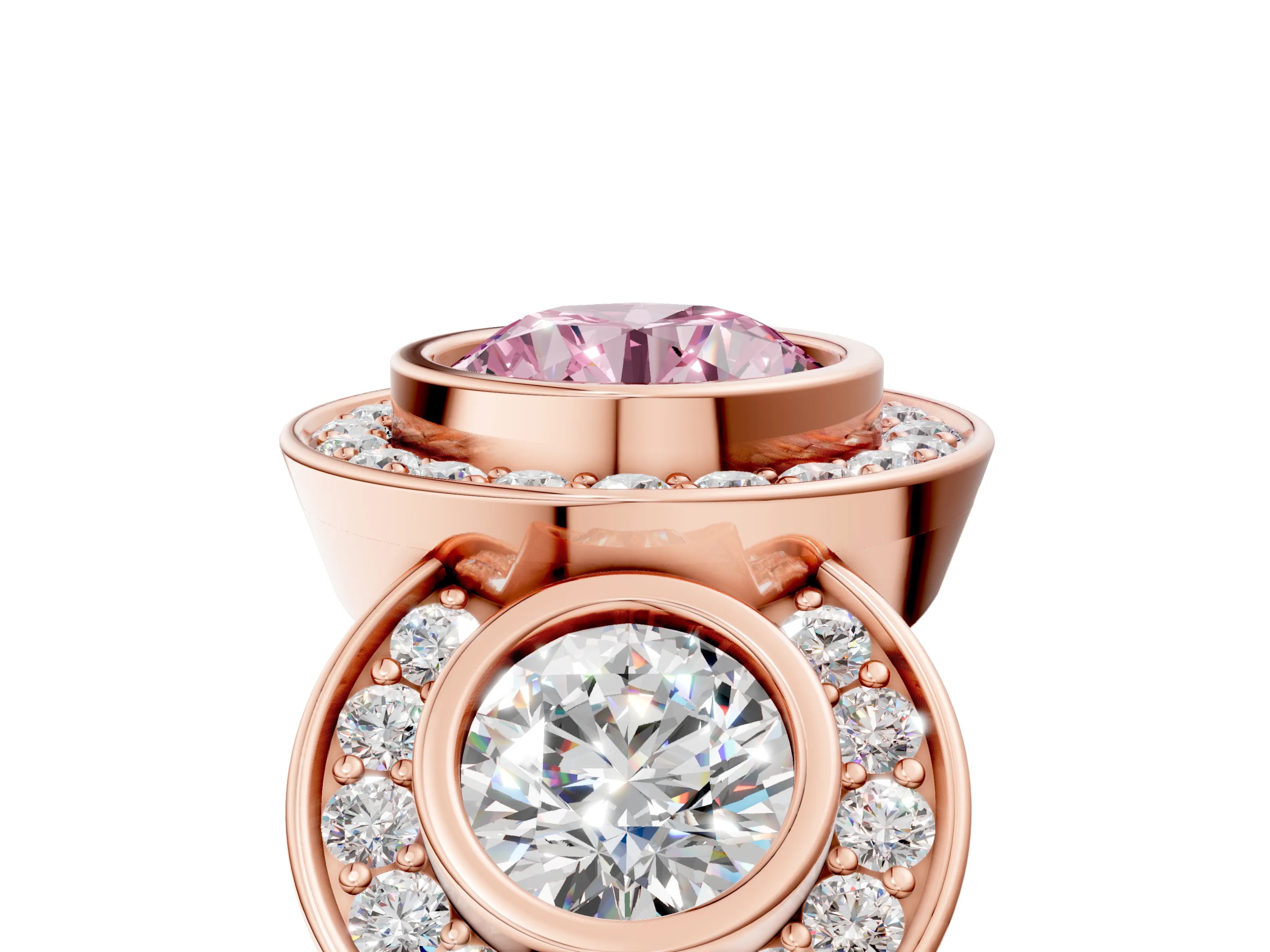 Rose gold Three-Stone Fancy Pink Round Cut Halo Pavé Diamond Ring_5