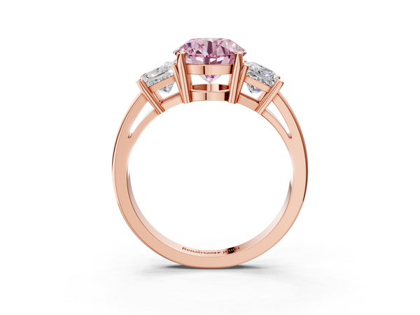Rose Gold Round Three Stone Engagement Ring Setting for Fancy Pink Center with Aligned Sides