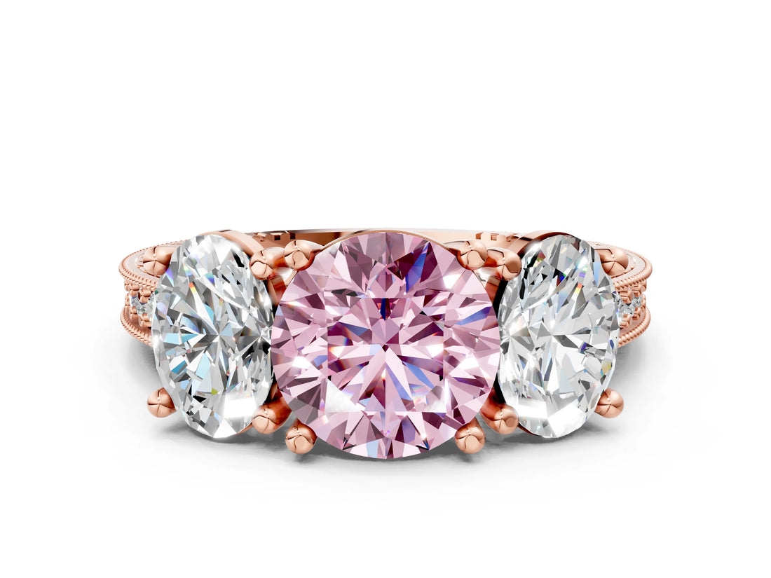 Rose gold Three-Stone Fancy Pink Round  Diamond Milgrain Pave Band with Prong Setting