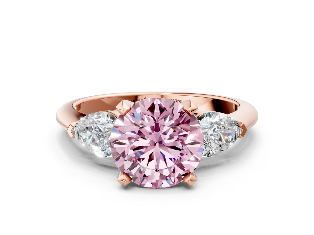 Rose gold Three-Stone Fancy Pink Round  Diamond Ring with Pear Side Stones in Four-Prong Setting