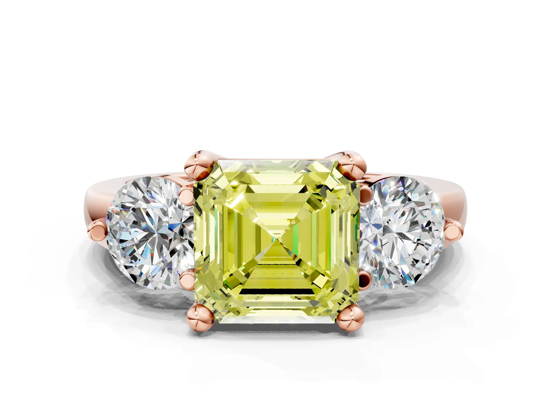 Rose gold Three-Stone Fancy Yellow Asscher  Brilliant Cut Solitaire Ring with Prong Setting on a Classic Band 1