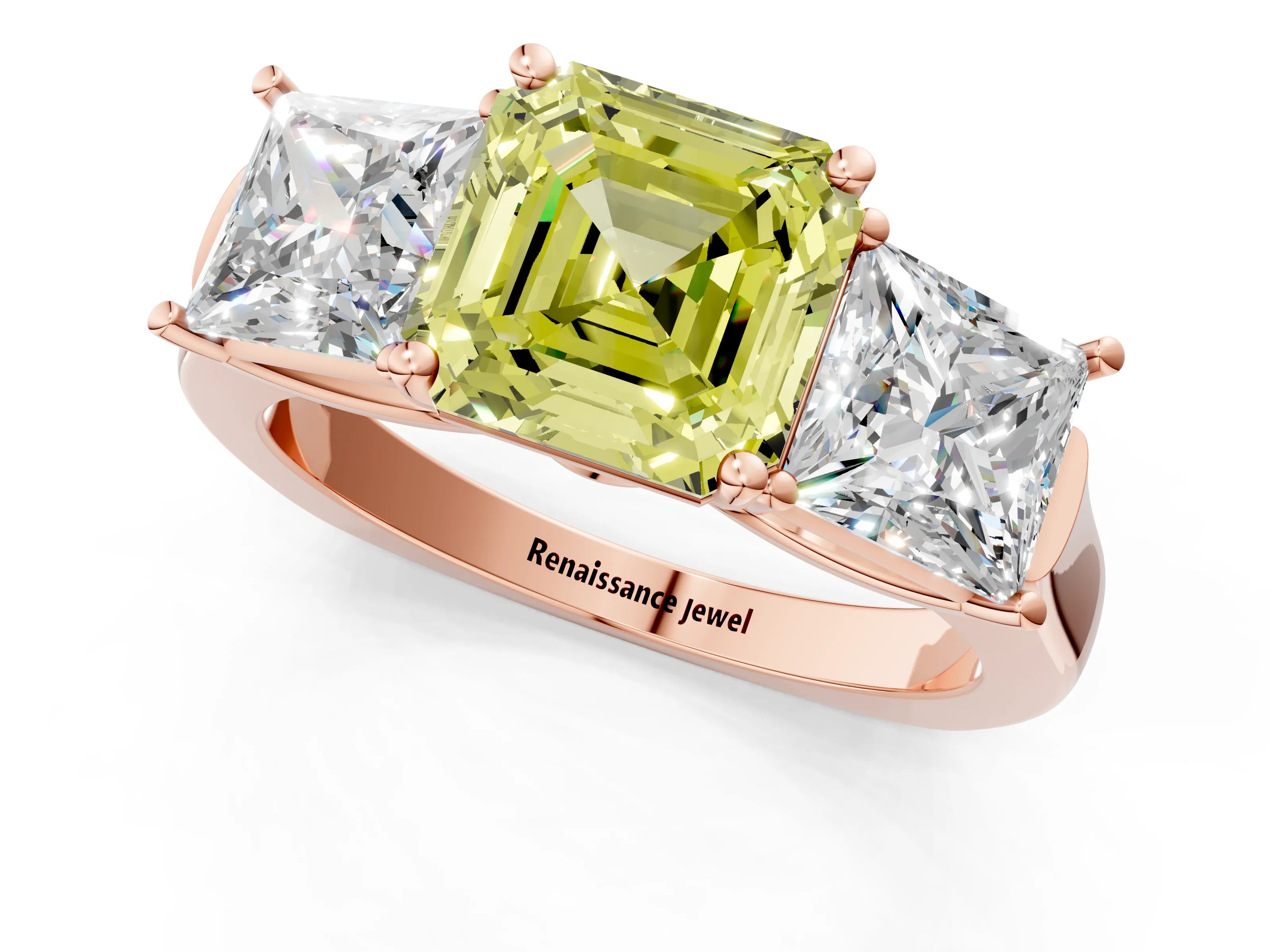 Rose gold Three-Stone Fancy Yellow Asscher Cut Brilliant Diamond Trellis Ring with Comfort Fit Band_1