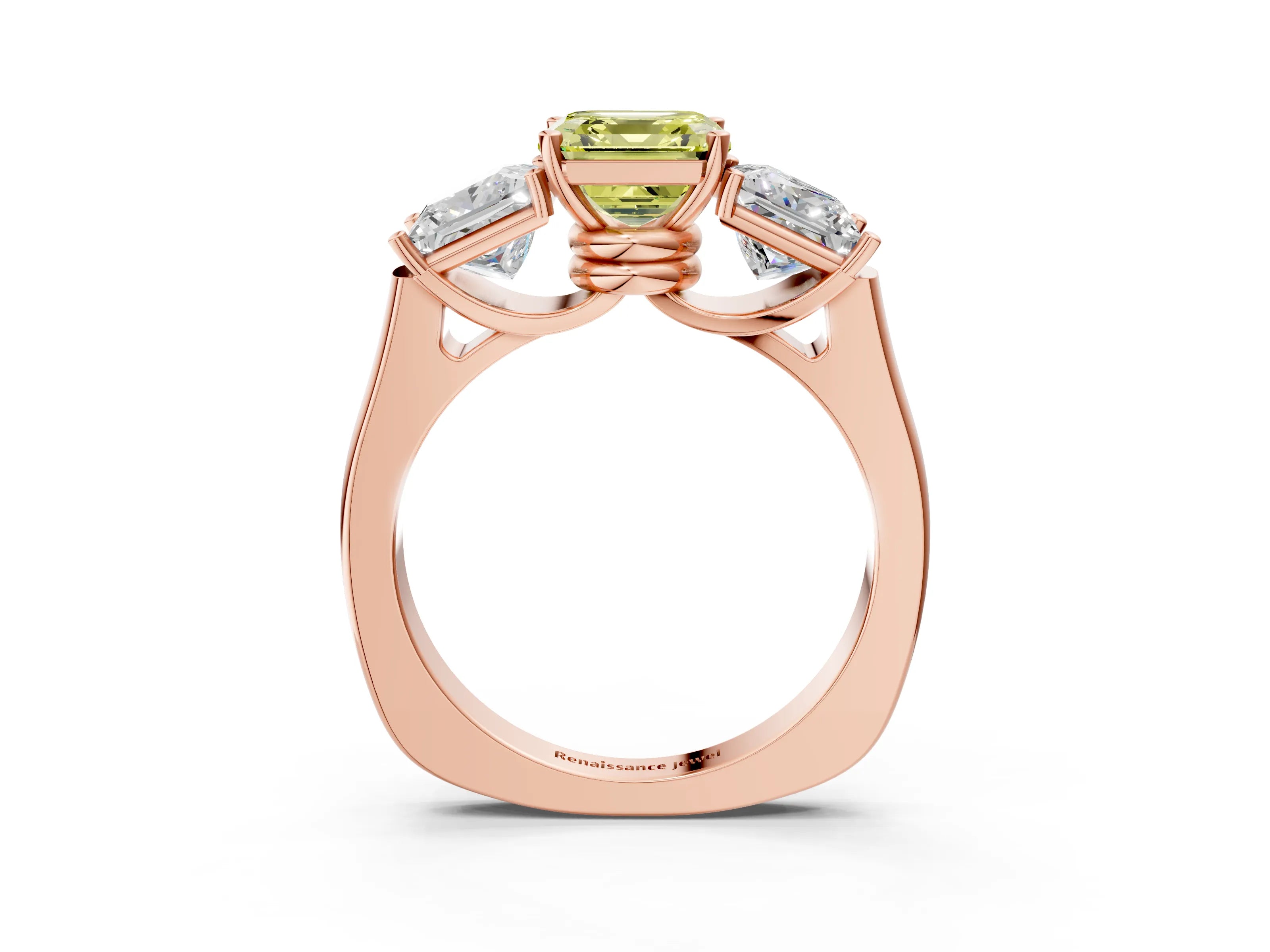 Rose gold Three-Stone Fancy Yellow Asscher Cut Brilliant Diamond Trellis Ring with Comfort Fit Band_3