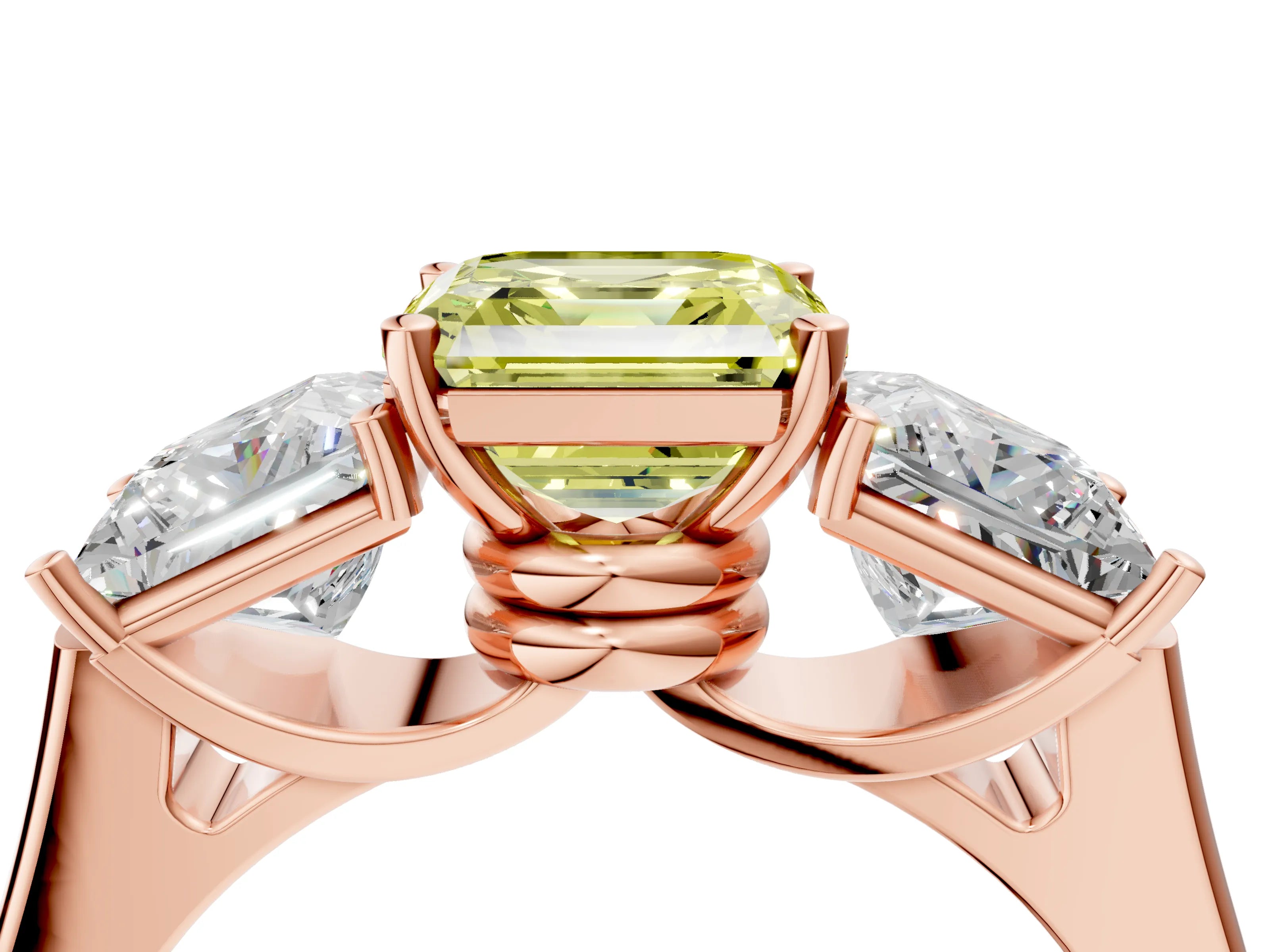 Rose gold Three-Stone Fancy Yellow Asscher Cut Brilliant Diamond Trellis Ring with Comfort Fit Band_4