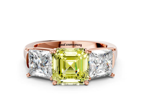 Rose gold Three-Stone Fancy Yellow Asscher Cut Brilliant Diamond Trellis Ring with Comfort Fit Band