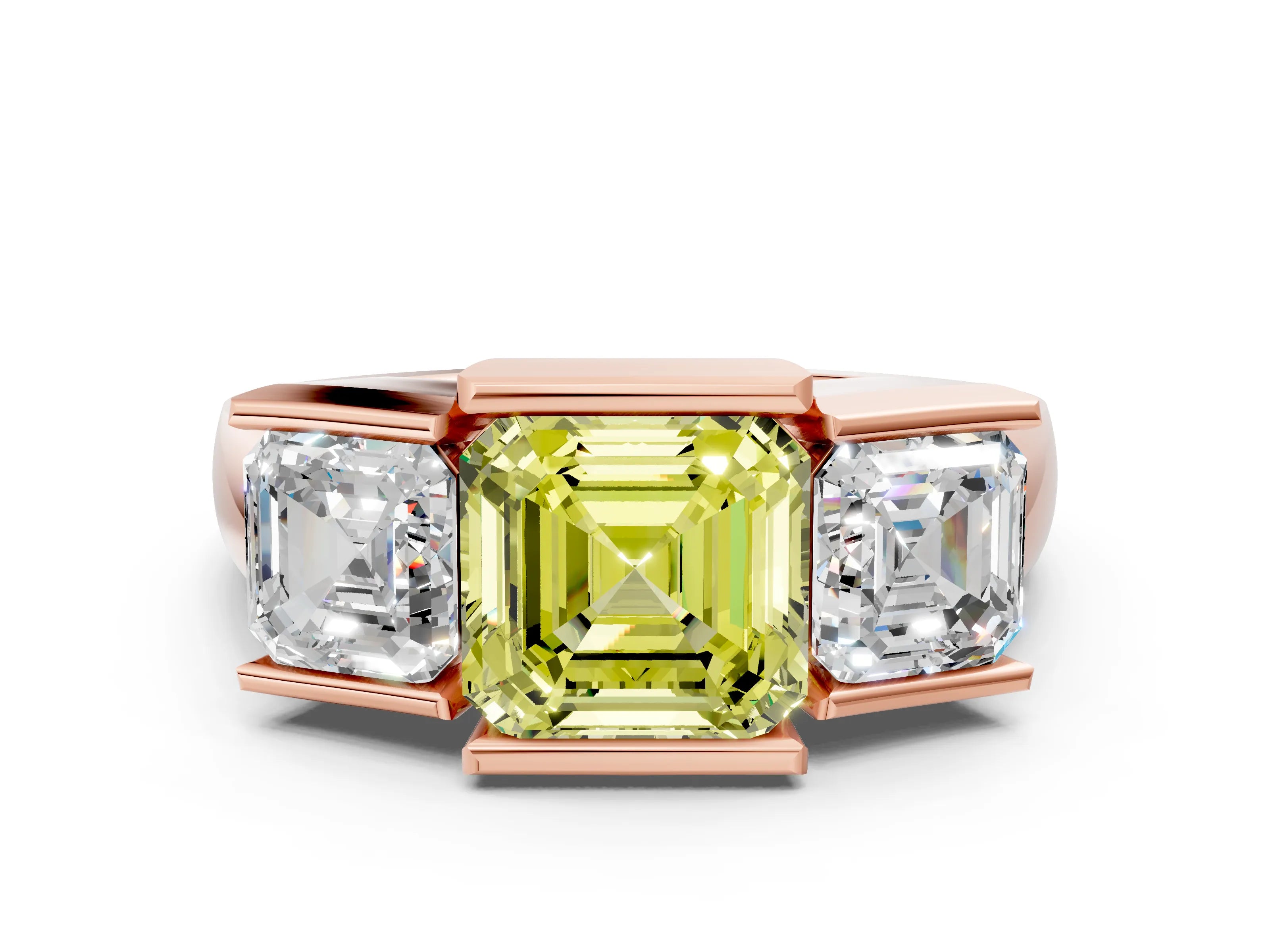 Rose gold Three Stone Fancy Yellow Asscher Cut Cut Channel Set Diamond Ring