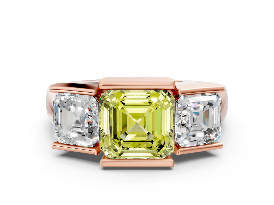 Rose gold Three Stone Fancy Yellow Asscher Cut Cut Channel Set Diamond Ring