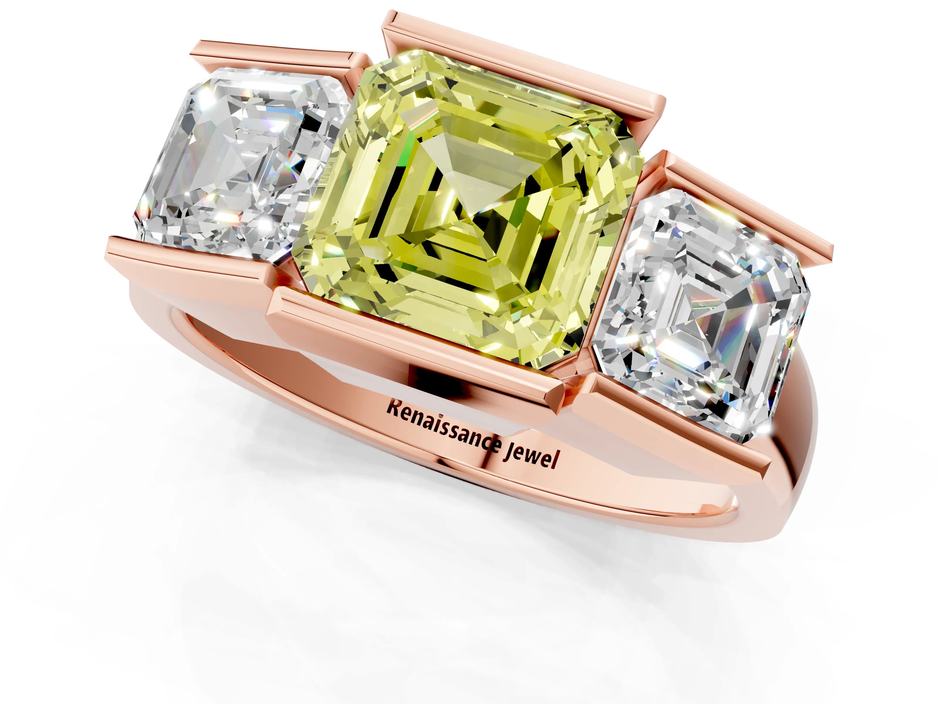 Rose gold Three Stone Fancy Yellow Asscher Cut Cut Channel Set Diamond Ring_1