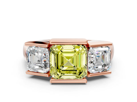 Rose gold Three Stone Fancy Yellow Asscher Cut Cut Channel Set Diamond Ring