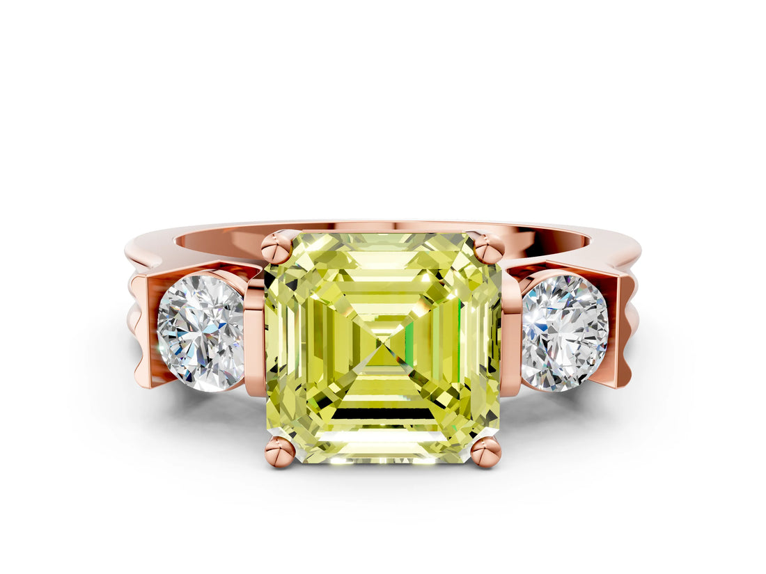 Rose gold Three-Stone Fancy Yellow Asscher Cut Cut Classic Band Prong Setting Ring