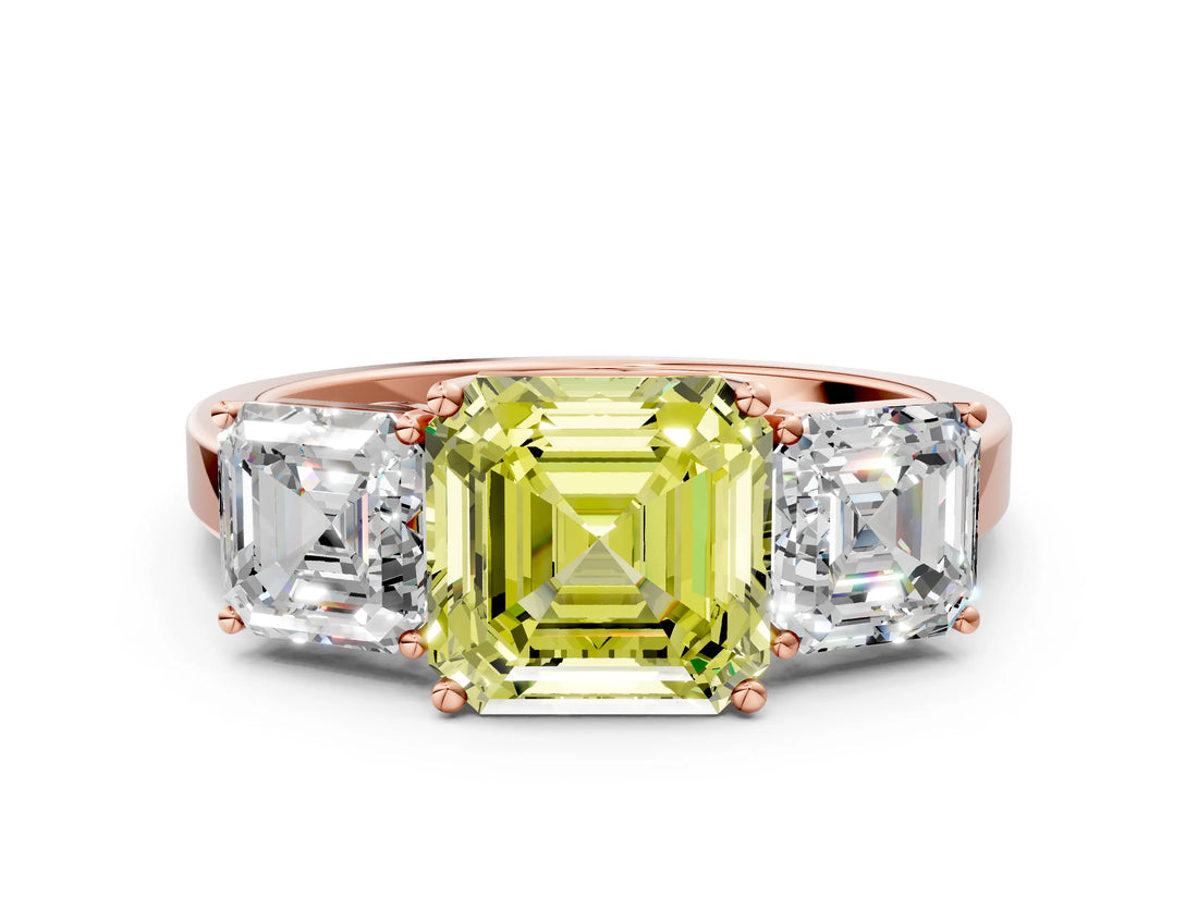 Rose gold Three-Stone Fancy Yellow Asscher Cut Cut Diamond Engagement Ring with Flat Band and Four-Prong Setting_12