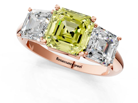 Rose gold Three-Stone Fancy Yellow Asscher Cut Cut Diamond Engagement Ring with Prong Setting on a White Gold Band_1
