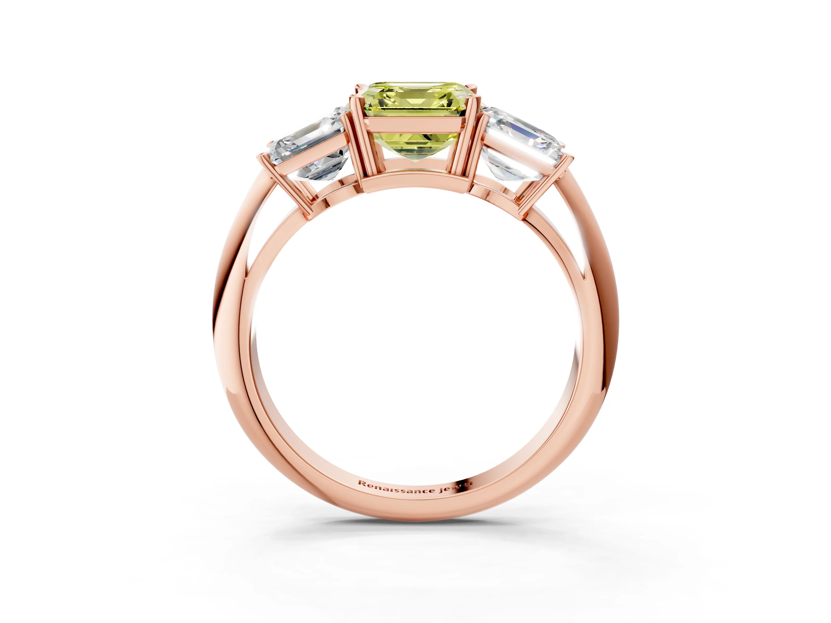 Rose gold Three-Stone Fancy Yellow Asscher Cut Cut Diamond Engagement Ring with Prong Setting on a White Gold Band_3