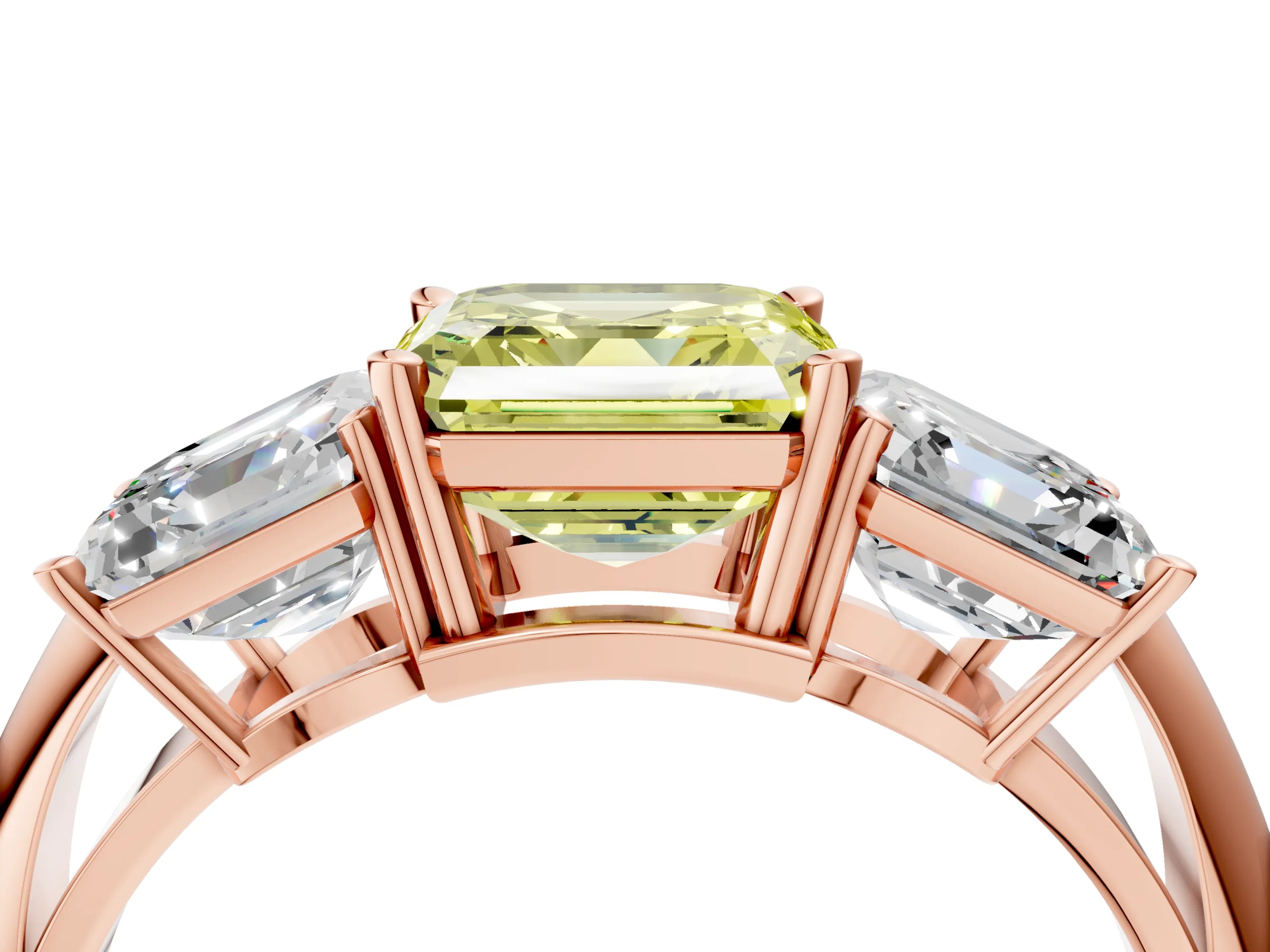 Rose gold Three-Stone Fancy Yellow Asscher Cut Cut Diamond Engagement Ring with Prong Setting on a White Gold Band_4