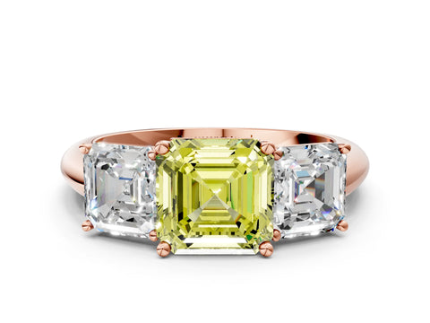 Rose gold Three-Stone Fancy Yellow Asscher Cut Cut Diamond Engagement Ring with Prong Setting on a White Gold Band