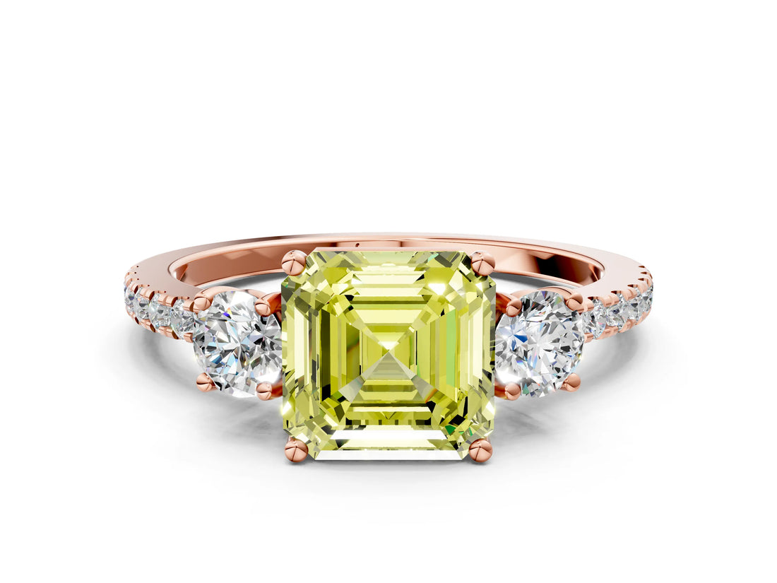 Rose gold Three-Stone Fancy Yellow Asscher Cut Cut Diamond Pavé Band with Prong Setting_15