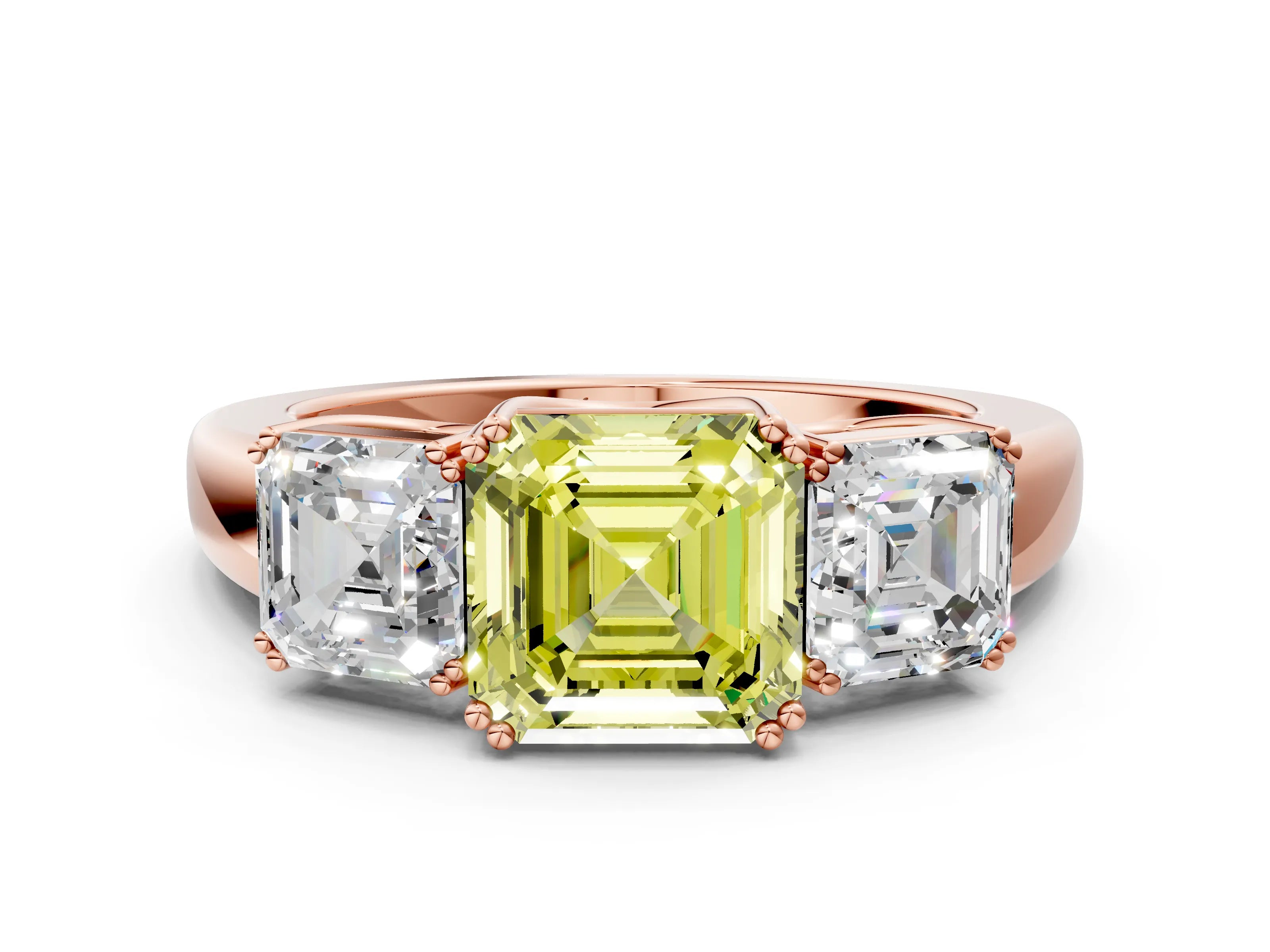 Rose gold Three-Stone Fancy Yellow Asscher Cut Cut Diamond Ring with Channel Set Band and Four-Prong Setting