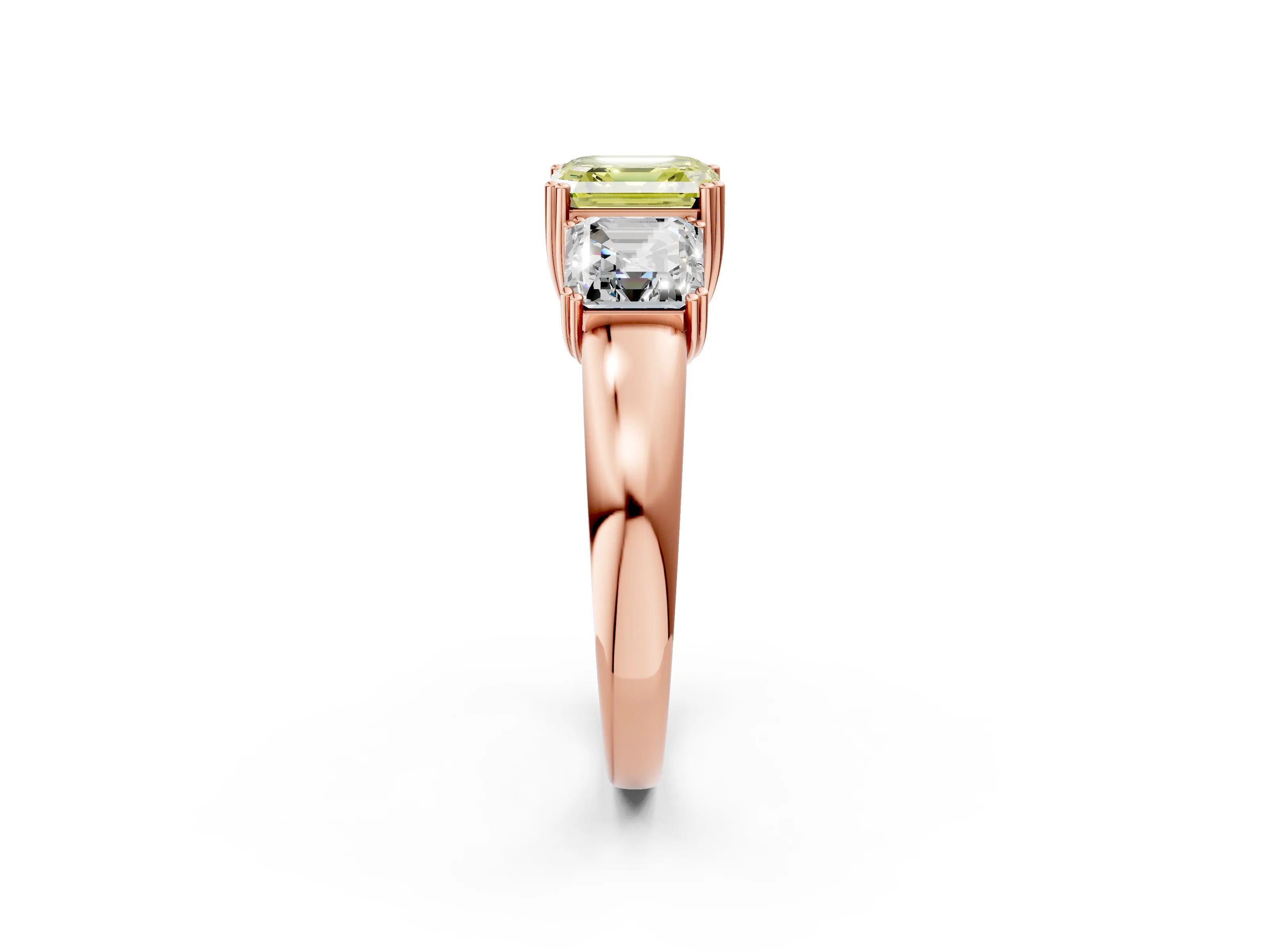 Rose gold Three-Stone Fancy Yellow Asscher Cut Cut Diamond Ring with Channel Set Band and Four-Prong Setting_2