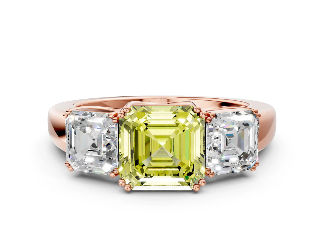 Rose gold Three-Stone Fancy Yellow Asscher Cut Cut Diamond Ring with Channel Set Band and Four-Prong Setting_24