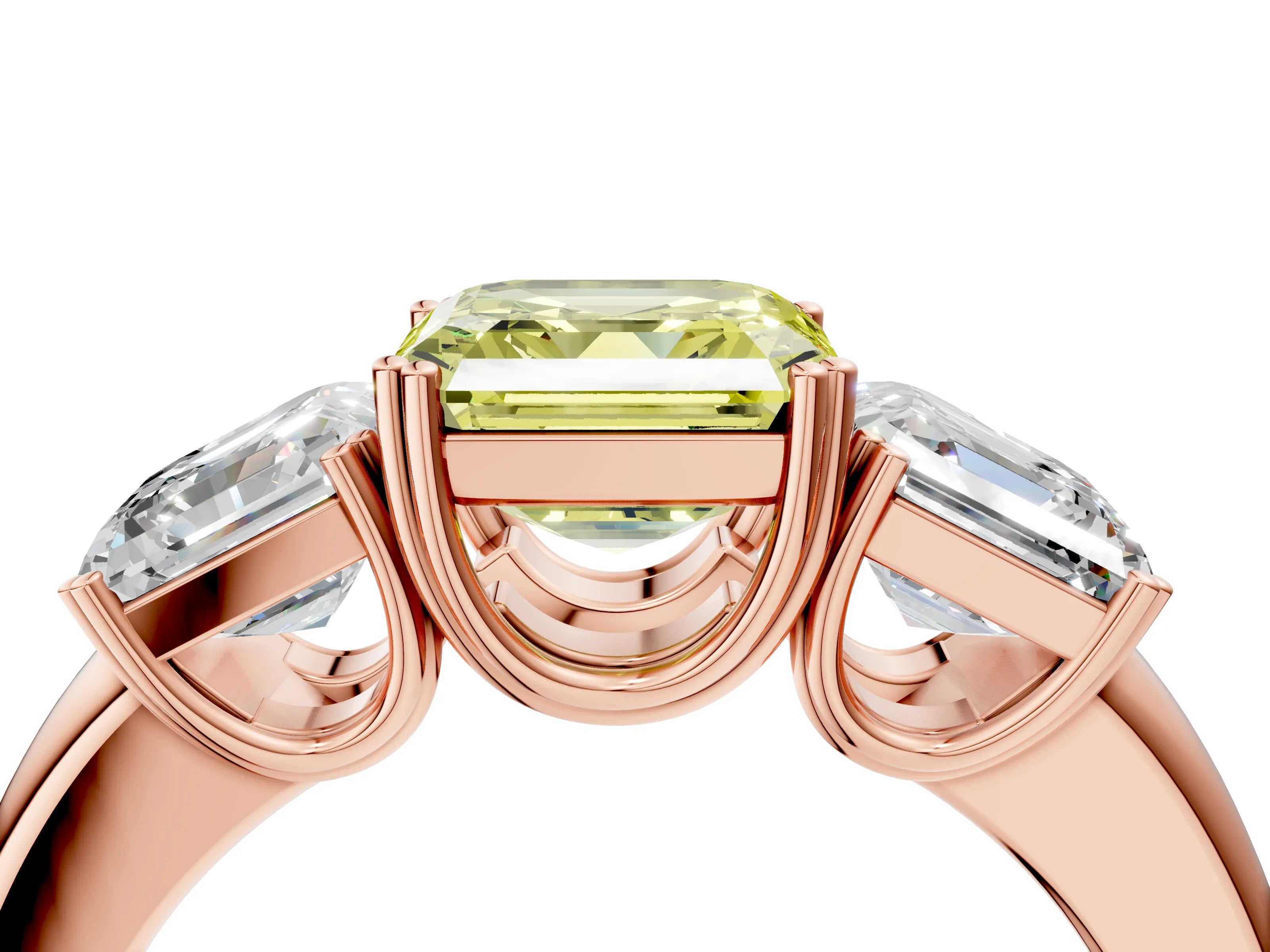 Rose gold Three-Stone Fancy Yellow Asscher Cut Cut Diamond Ring with Channel Set Band and Four-Prong Setting_4