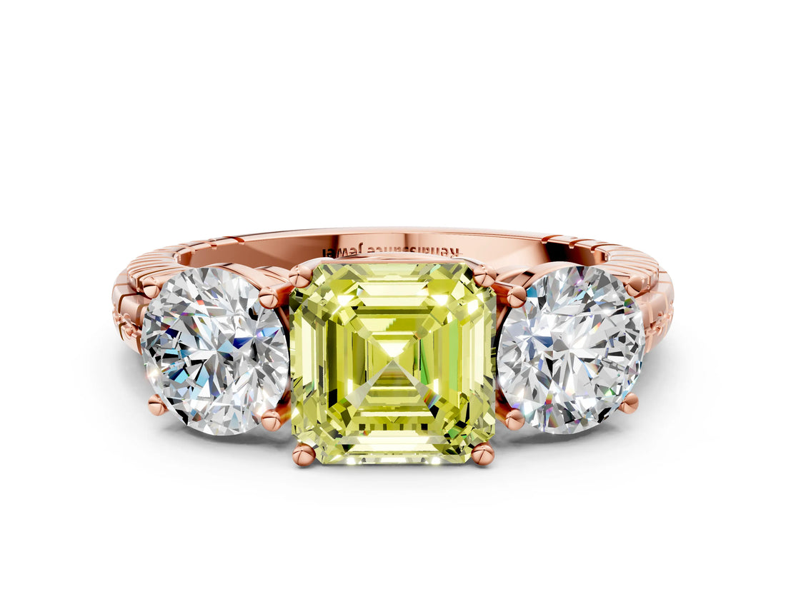 Rose gold Three-Stone Fancy Yellow Asscher Cut Cut Diamond Ring with Channel-Set Band and Prong Setting_12