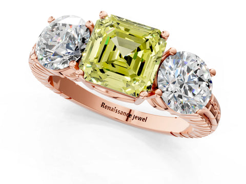 Rose gold Three-Stone Fancy Yellow Asscher Cut Cut Diamond Ring with Channel-Set Band and Prong Setting_1